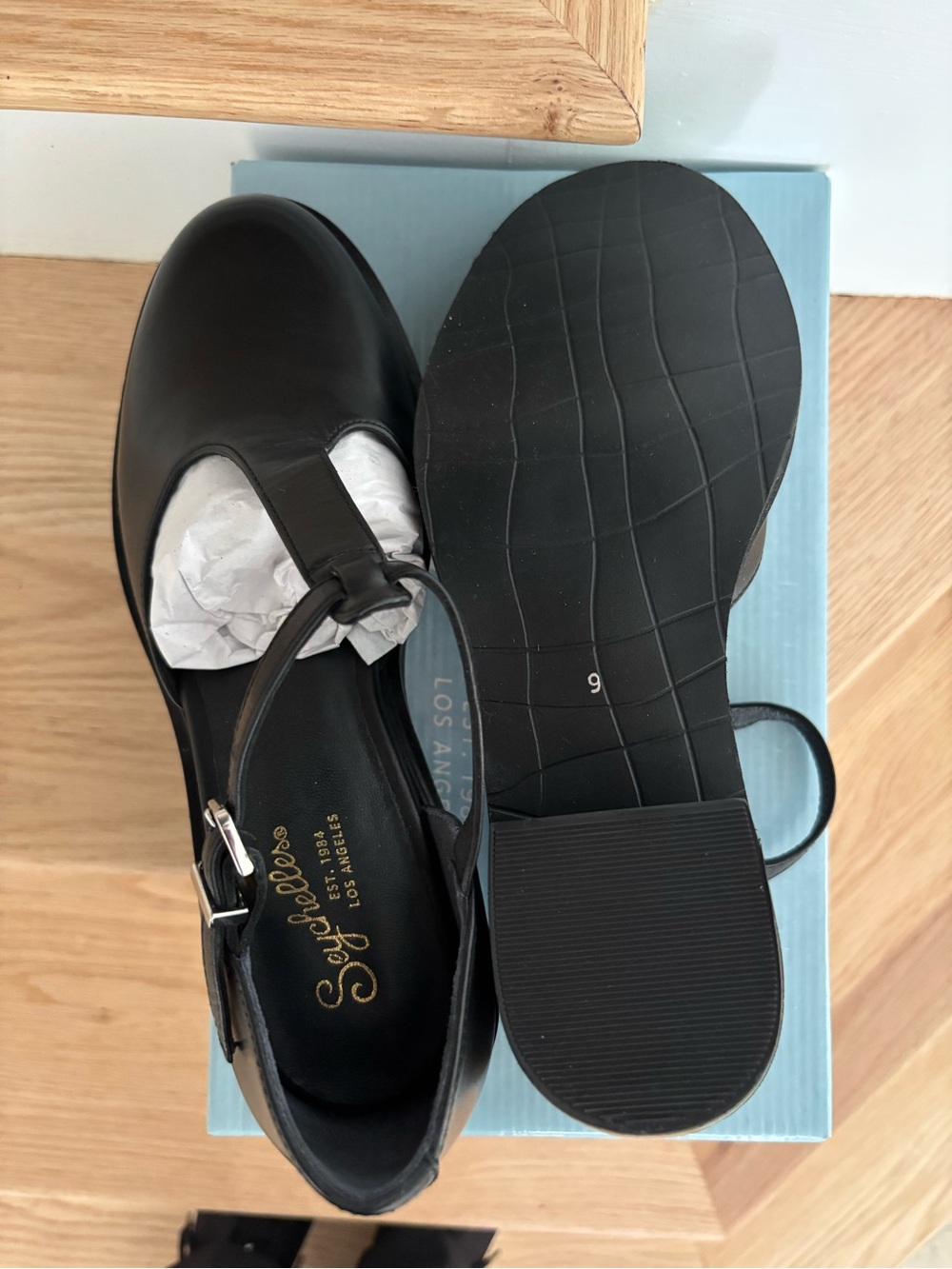 NEW Seychelles Black Leather Mary Jane Flats with Ankle Strap